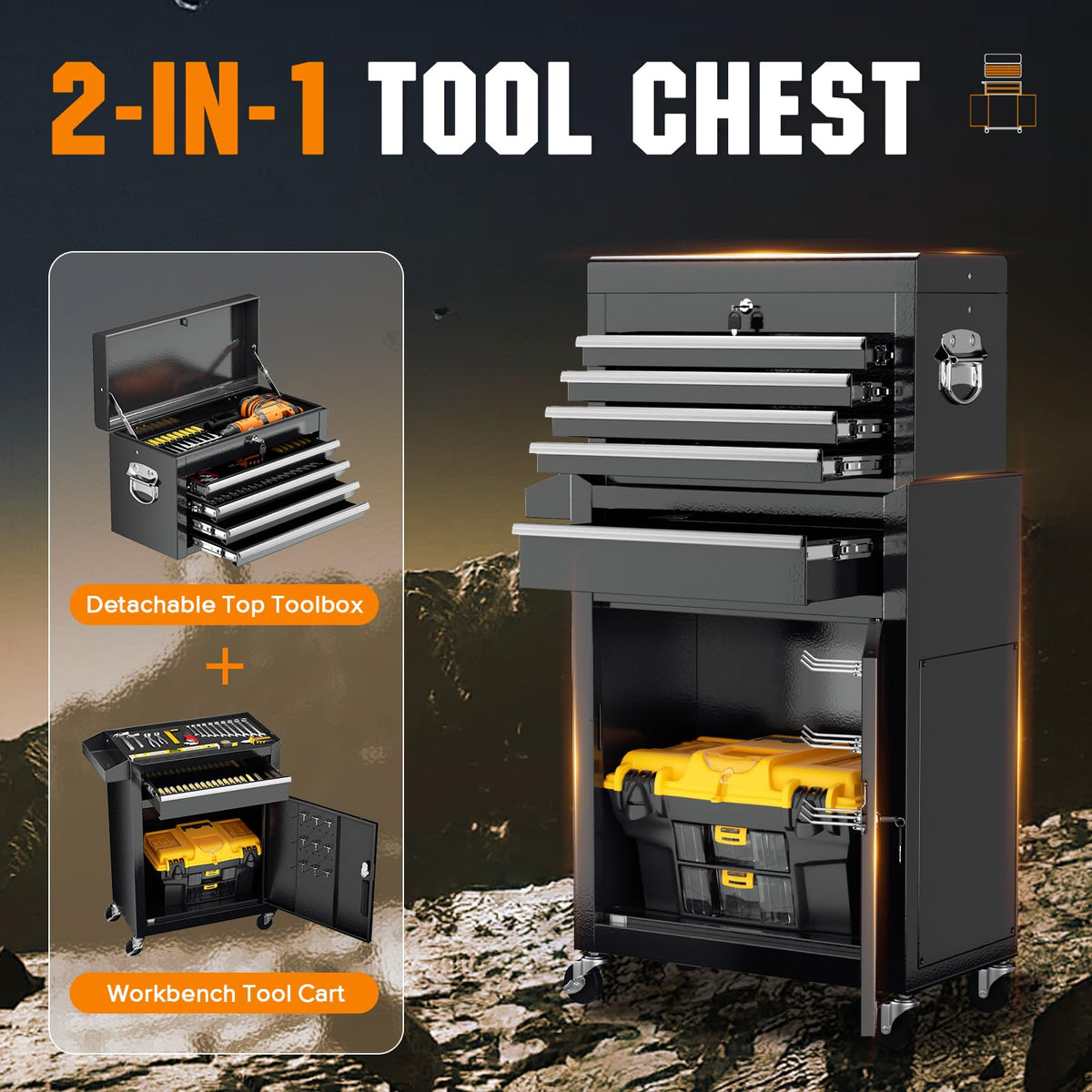 5-Drawer Rolling Tool Chest with Wheels, Black