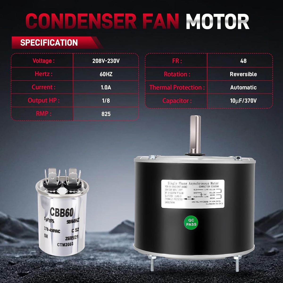 MOT18688 Condenser Fan Motor 1/8HP 208-230V 825RPM 60HZ, AC Fan Motor Compatible with Trane American Standard GE Genteq Replace# MOT12215 MOT12004 MOT10514 5KCP39GGV570S 5KCP39BGV440BS 5KCP39KFUA99S