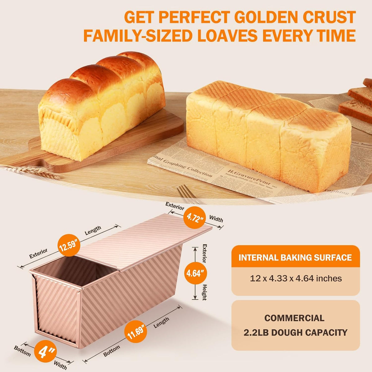 Pullman Loaf Pan with Lid, 13x4, Nonstick Sandwich Bread Loaf Pan
