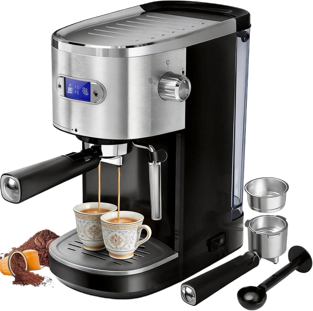 20 Bar Stainless Steel Espresso Machine with Steam Milk Frother | Easy One-Touch Brewing, 25s Rapid Heat, Powerful