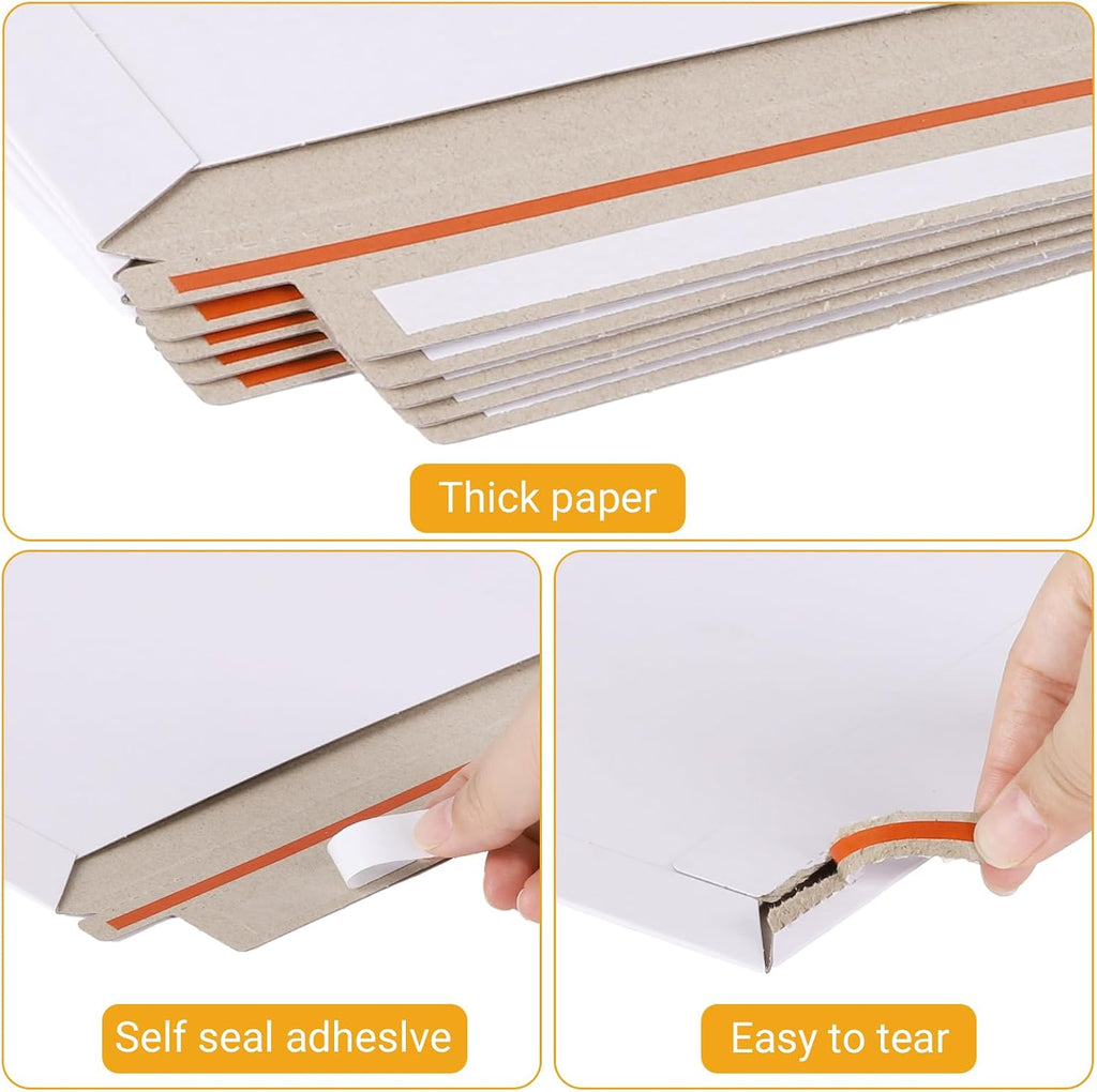 100 Pack 6.3"x9.8" Rigid Mailer Self Seal Photo Document Mailer | White Stay Flat Cardboard Envelopes
