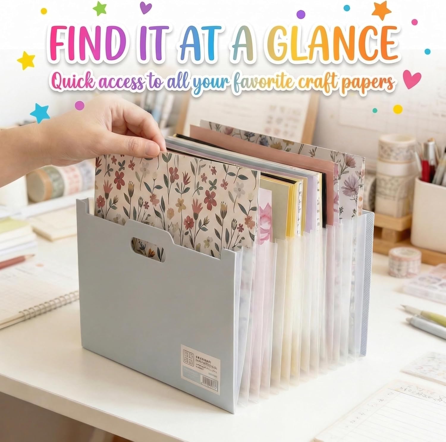 12x12 Scrapbook Paper Storage Organizer, Expandable 13 Pocket Desktop Paper Organizer Storage for Scrapbook