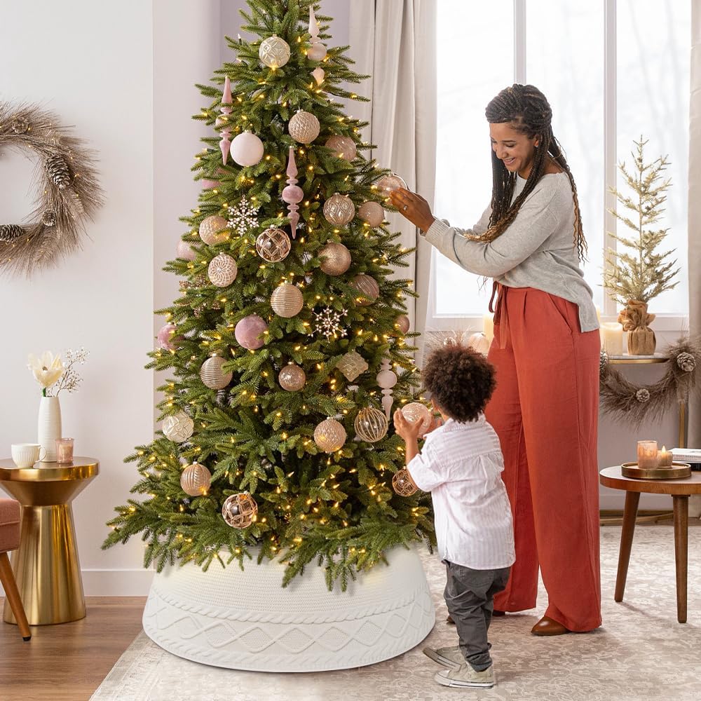 Christmas Tree Collar Skirt,Knitted Cream White Diamond Edge Cable Stand Farmhouse Rustic Tree Ring for Artificial