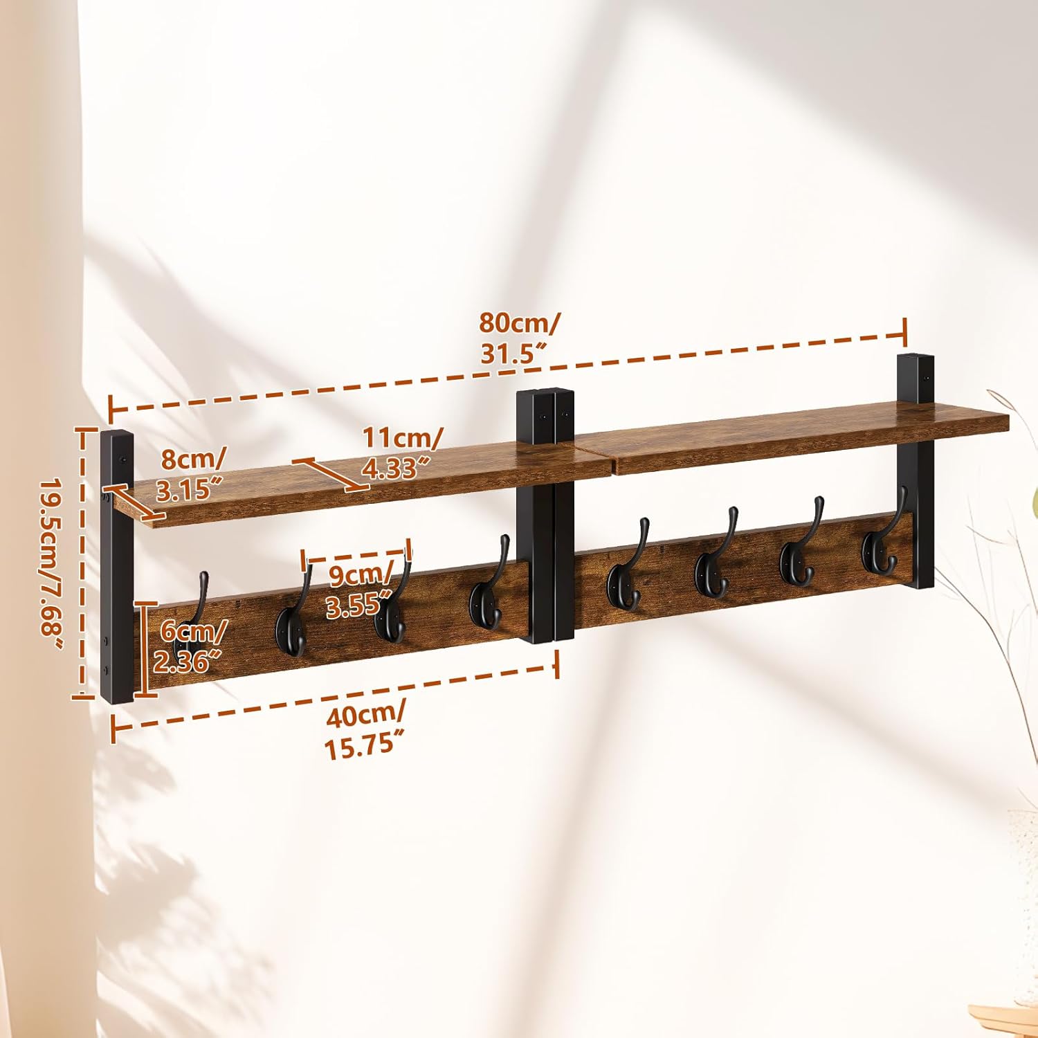 Coat Rack Shelf Wall Mounted, Coat Hooks Set of 2, Entryway Coat Hanger with 8 Hooks, 31.5" Wall Floating Shelf with