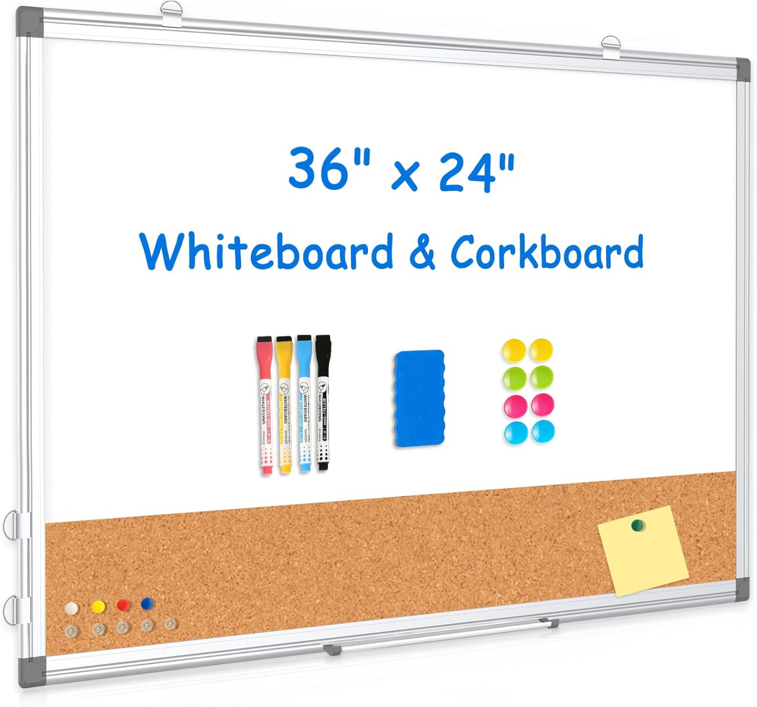 Whiteboard Cork Board Combo for Wall, WALGLASS 36" x 24" Double-Sided Large Dry Erase Whiteboard Corkboard