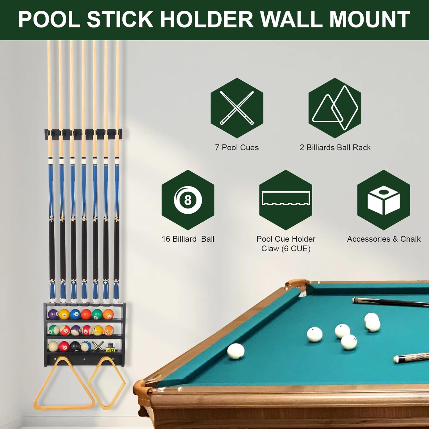 Pool Stick Holder - 7 Pool Cue Rack Wall Mount With Cue Rest and Ball holder, Wooden Pool Table Accessories Equipment