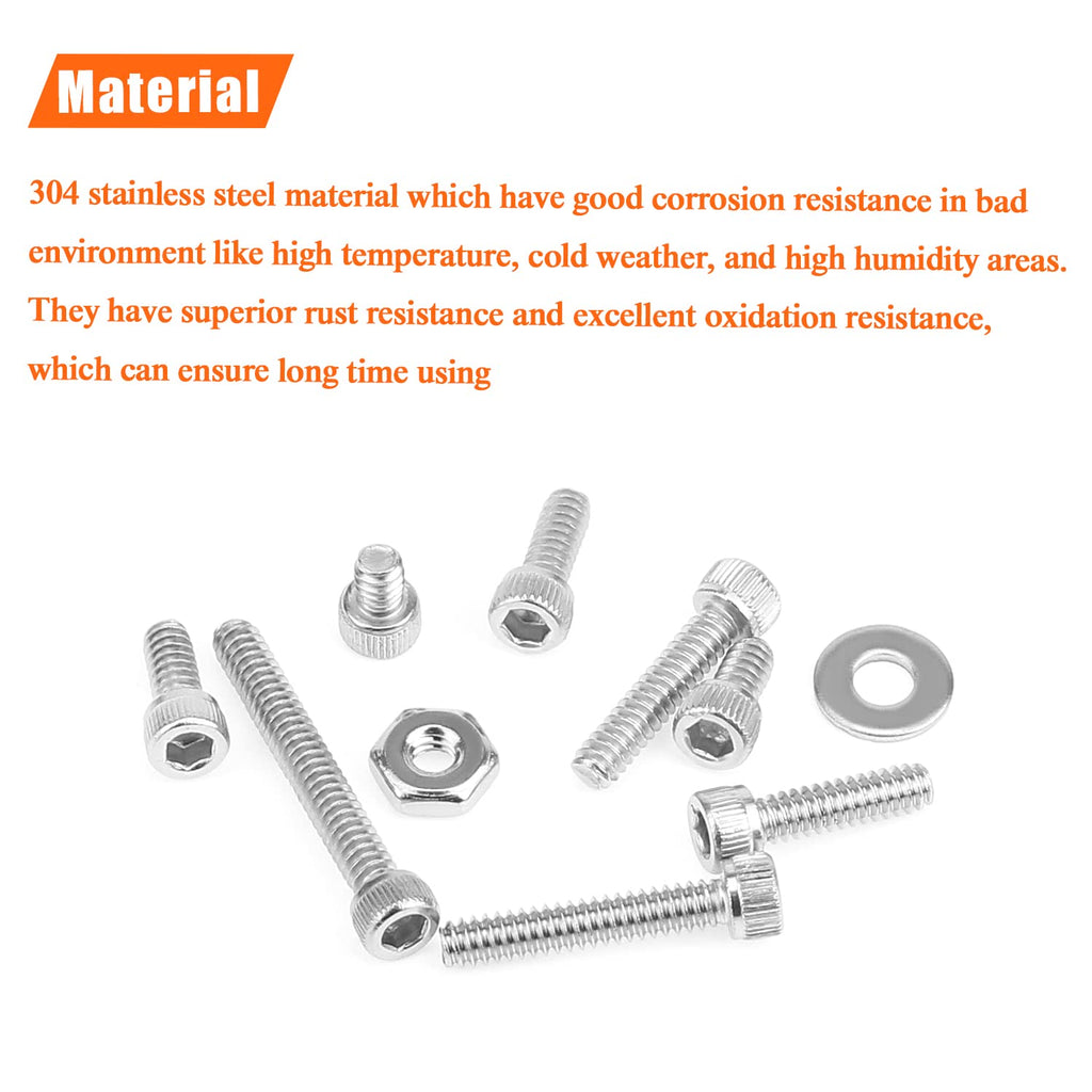 HELIFOUNER 250 Pieces #6-32 x 3/16" 1/4" 5/16" 3/8" 1/2" 5/8" 3/4" 1", Hex Socket Head Cap Screws Bolts Washers Nuts Kit, Coarse Thread, Fully Machine Threaded, 304 Stainless Steel