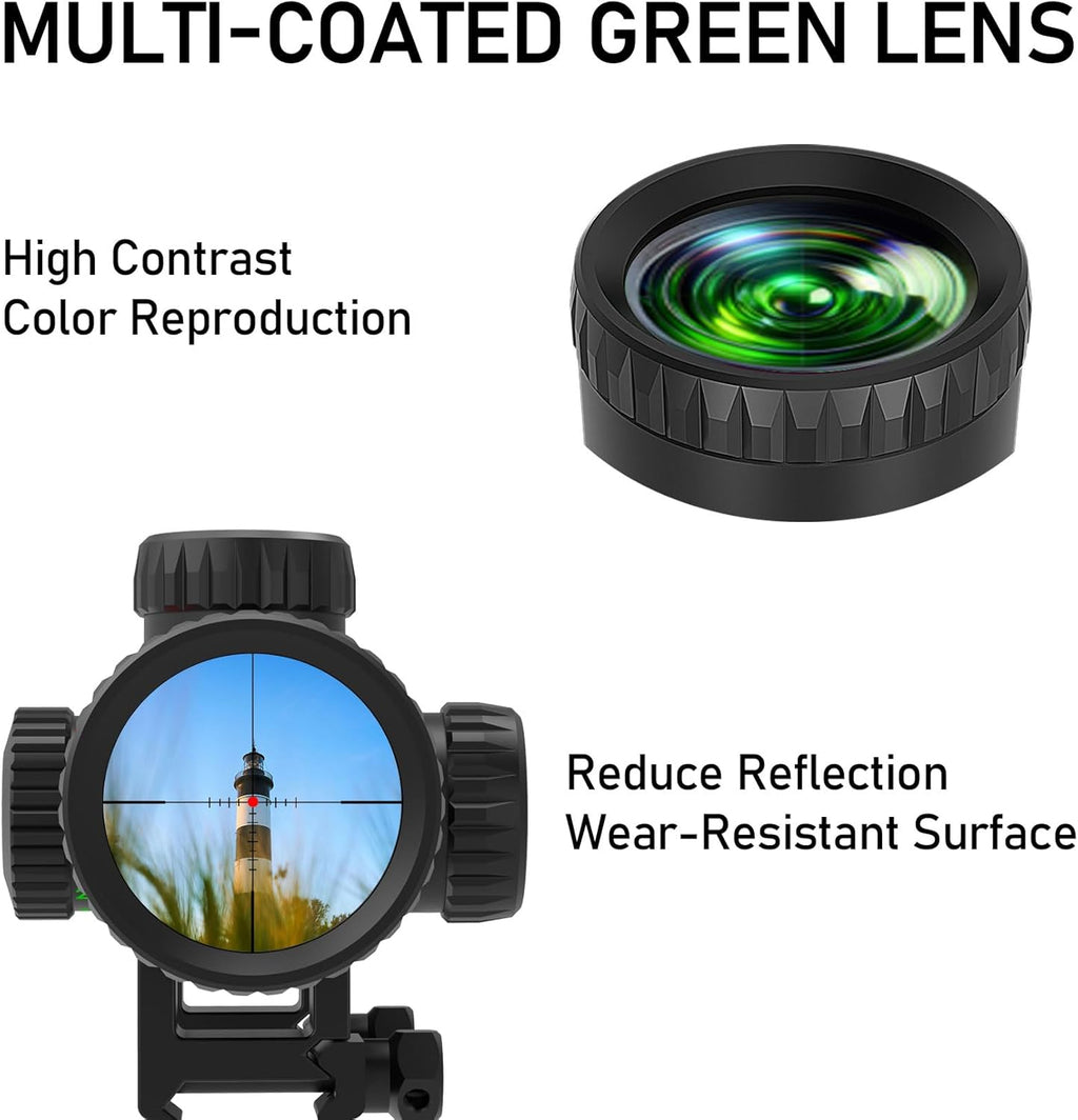 1.2-6x24 Rifle Scope,MOA Reticle,Clear Green-Coated Lens,Tactical Compact LPVO, R/G Dual-Color with 5 Levels