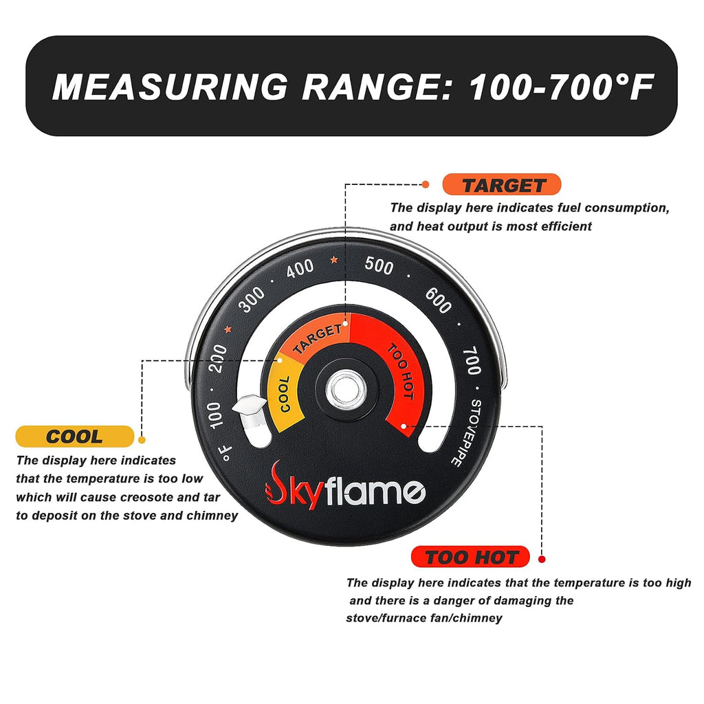 Skyflame Wood Stove Thermometer, Magnetic Chimney Flue Pipe Meter