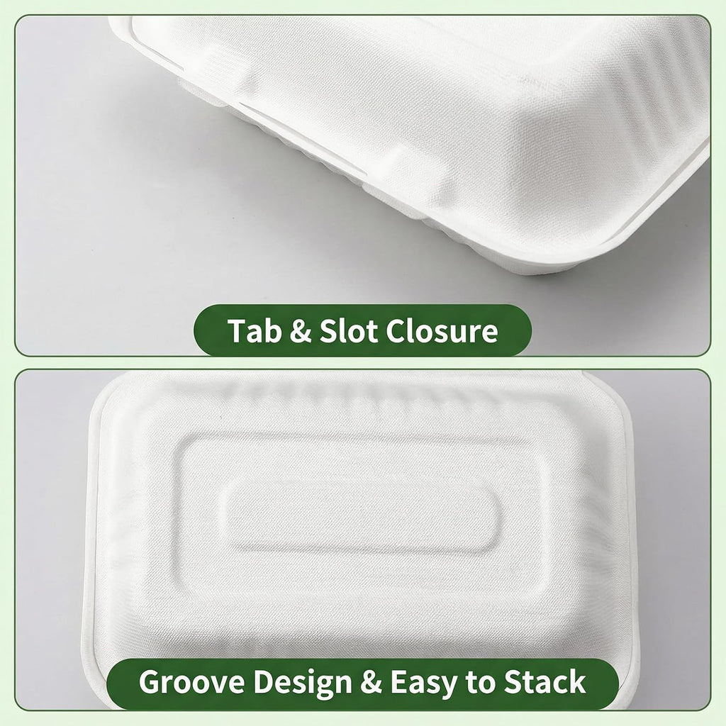 90 Pack 2-Compartment Clamshell Take Out Containers, 9" x 6" Compostable Hinged Food Containers Disposable Bagasse To