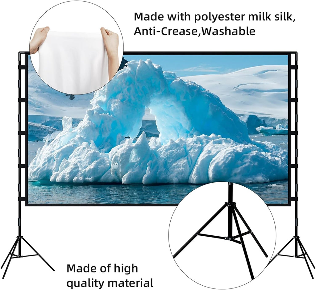 Projector Screen with Stand, 100 inch Outdoor Projector Screen Portable Indoor Projection Screen 16:9 4K Rear Front