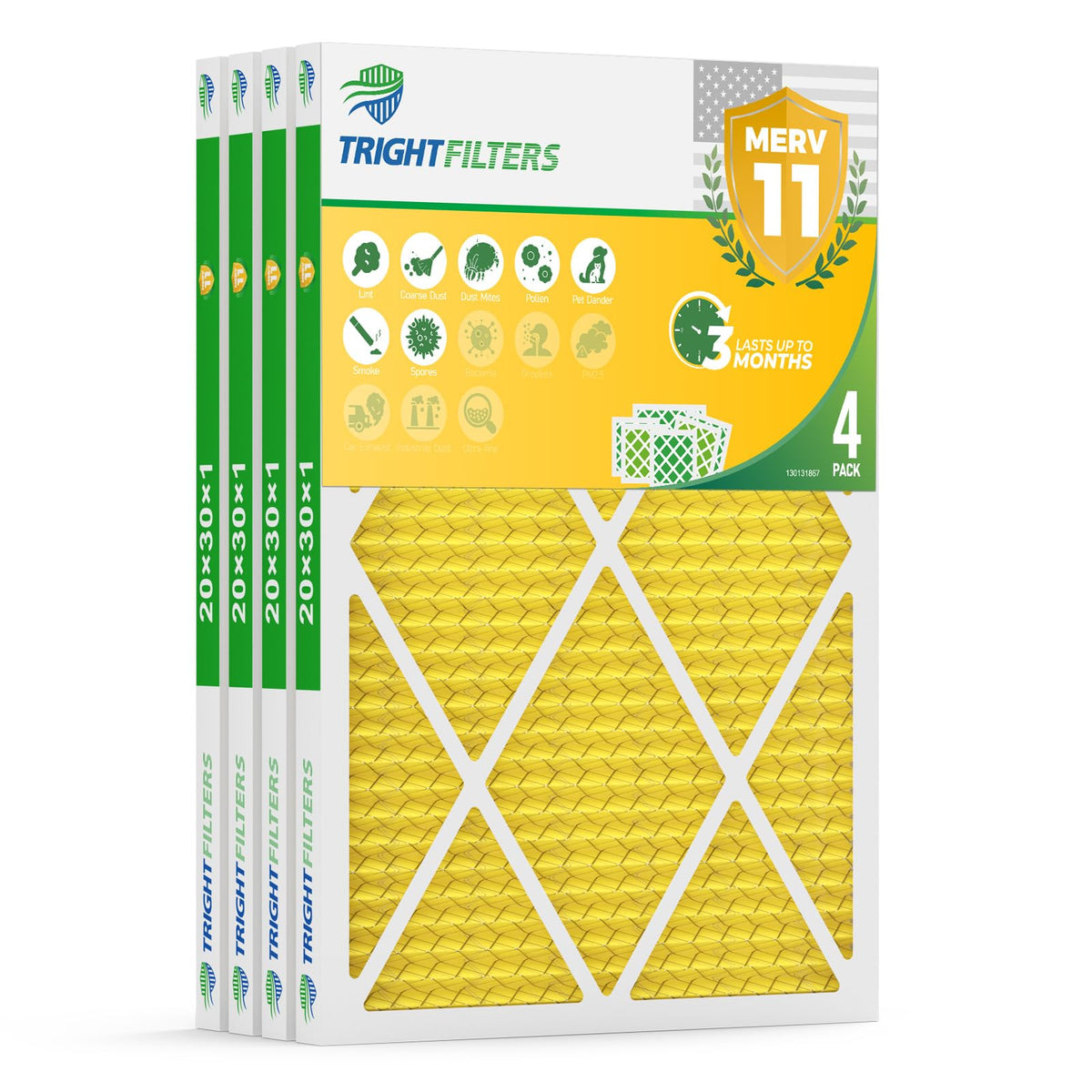 20x30x1 Air Filter 4 Pack, MERV 11 Dust & Pet Dander Defense