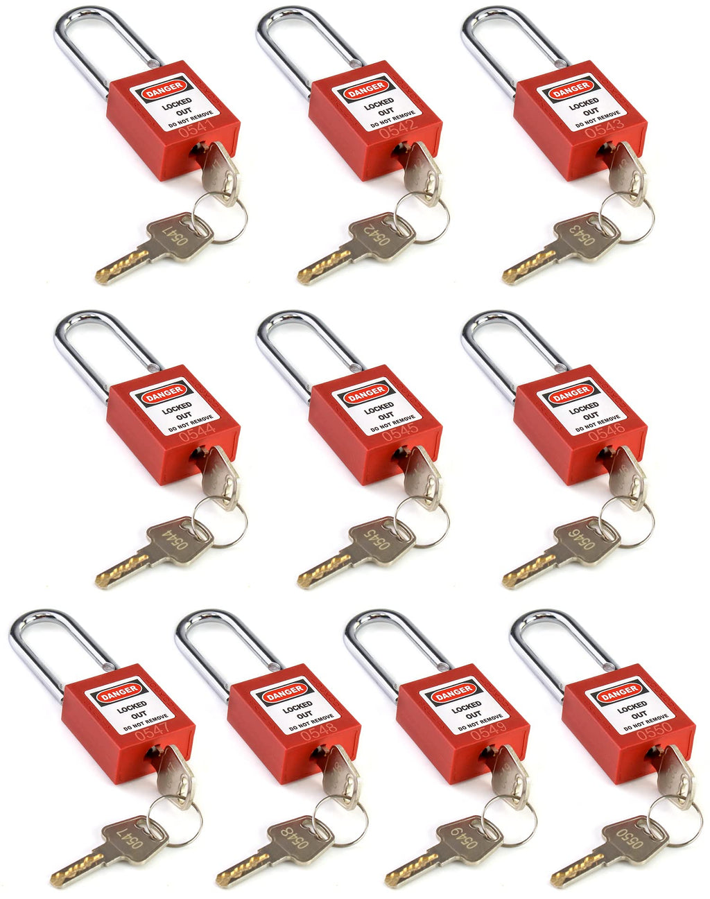 Red Lockout Tagout Safety Padlock, 2 Padlocks with 4 Keys (Red, 10 Pack)