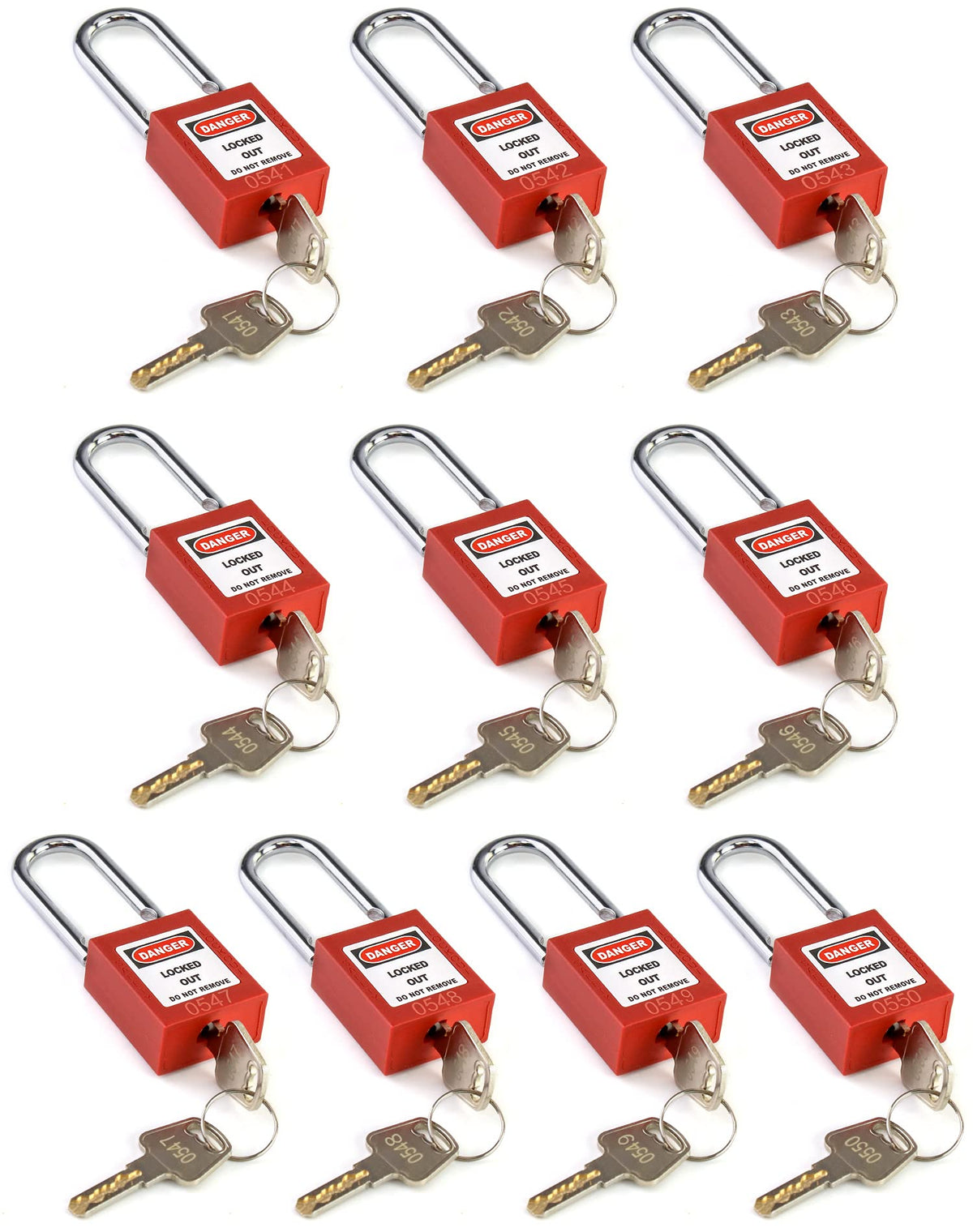 Red Lockout Tagout Safety Padlock, 2 Padlocks with 4 Keys (Red, 10 Pack)