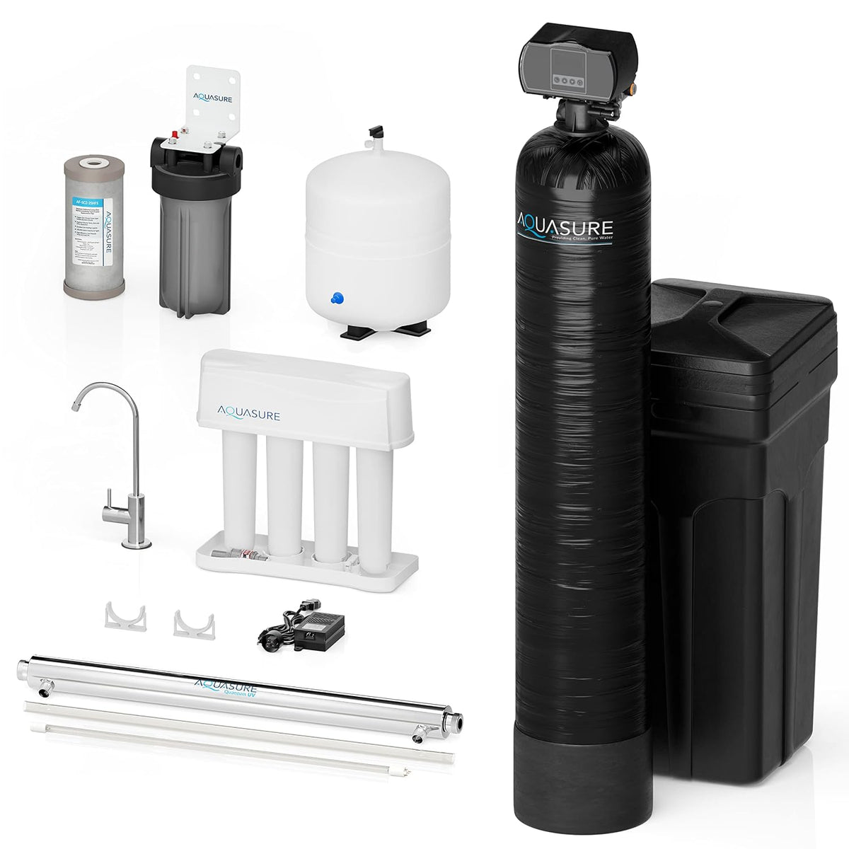 Whole House 48,000 Grain Water Softener with 12 GPM UV Water Sterilizer System - Triple Purpose Pre-Filter - 75 GPD