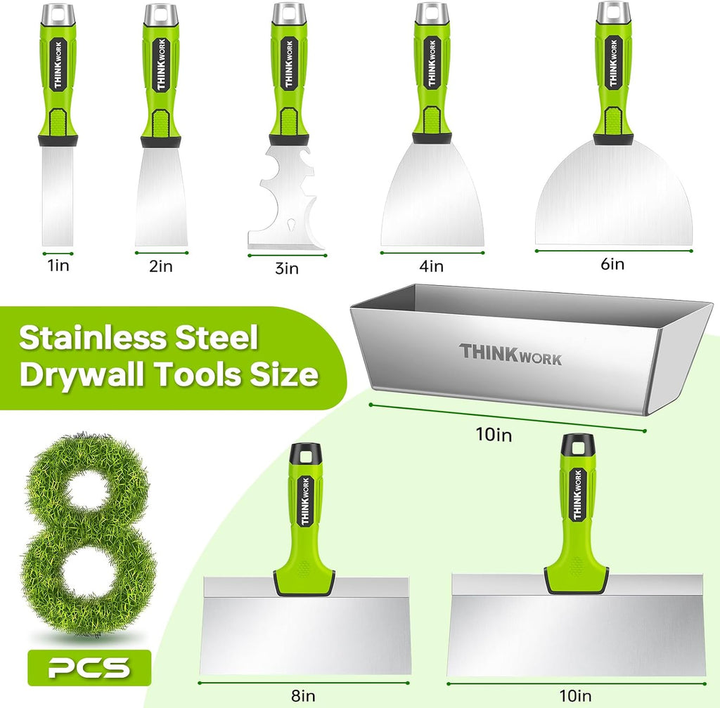 8Pcs Drywall Tools, Drywall Knife Set with 10" Mud Pan | Stainless Steel Putty & Taping Knives, Painter Scraper