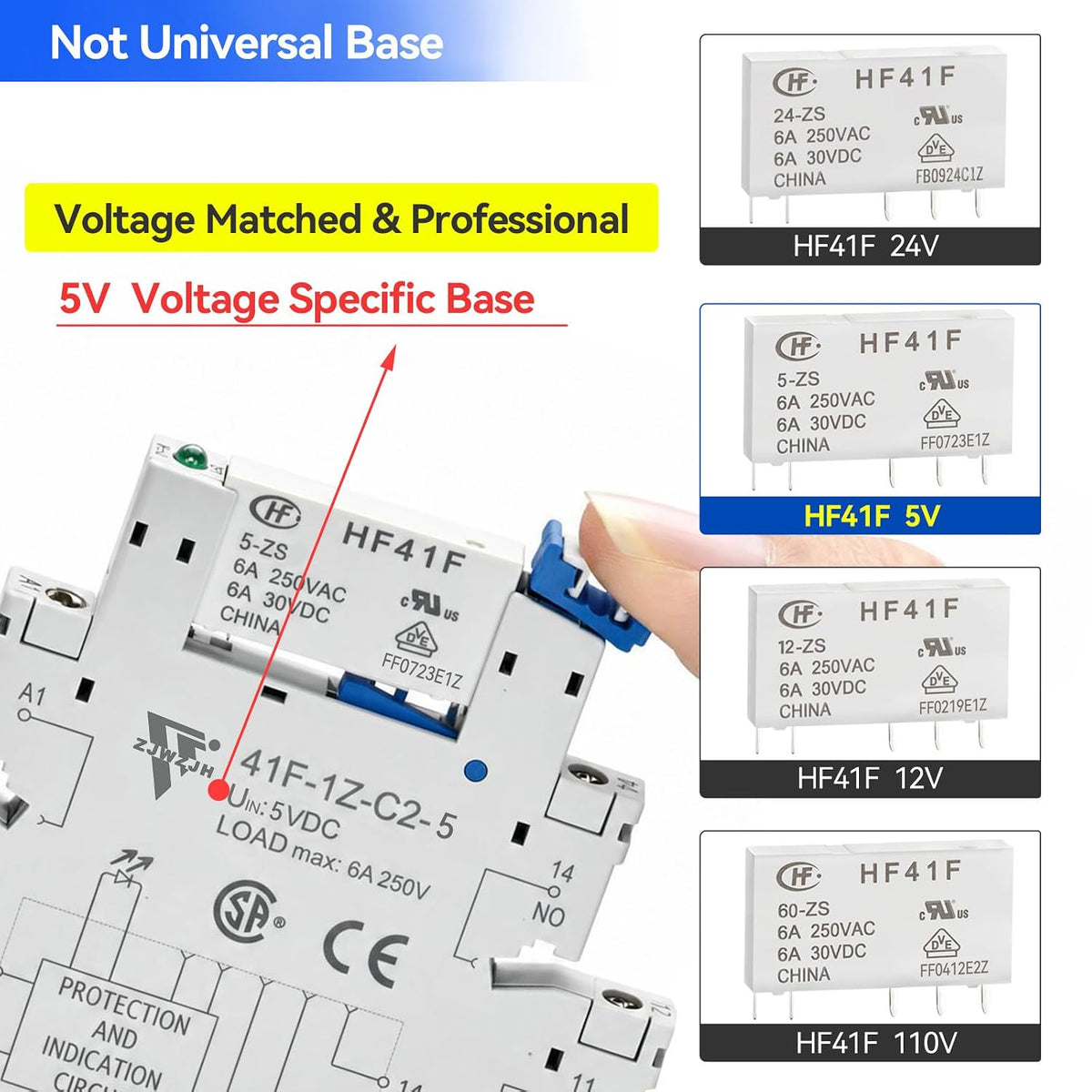 3 Pcs Miniature 5 Volt DC Relay HF41F/5-ZS 5 Pin 1NO 1NC 6A SPDT with LED Indicator, Socket Base and DIN Rail Module