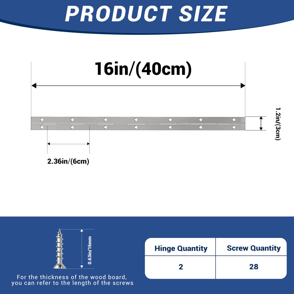 2 pcs Continuous Piano Hinges,16"x1.2",0.047 inch Leaf Thickness