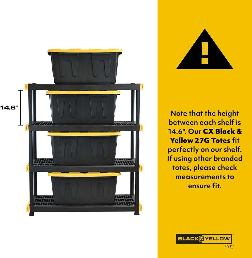 Black & Yellow, 4-Tier Heavy Duty Plastic Storage Shelving Unit, 200lbs/shelf (55H x 48W x 20D), for Indoor/Outdoor
