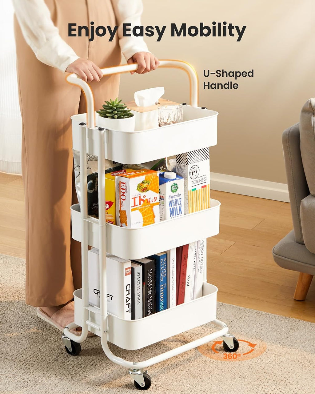 3 Tier Rolling Cart, Utility Cart with Wheels & Handle, White