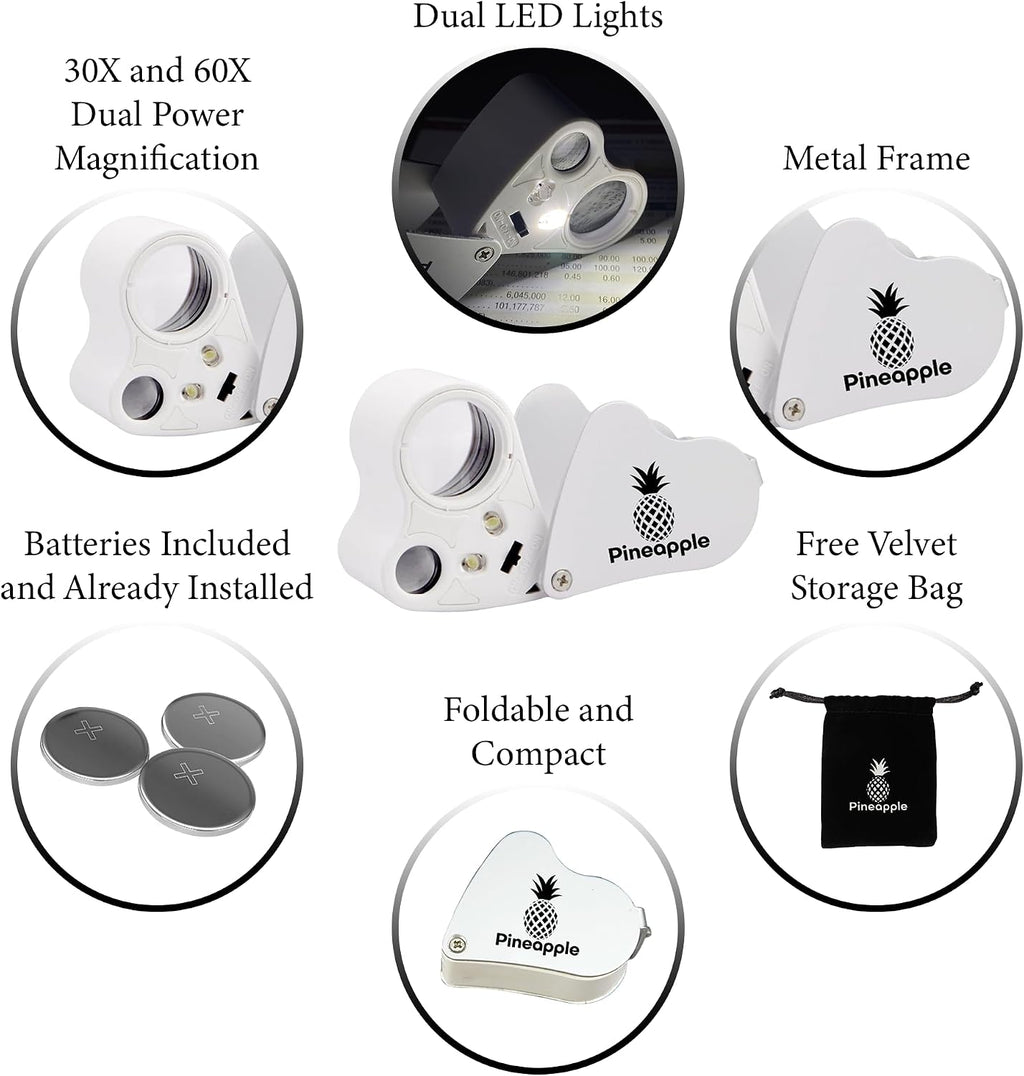 30X 60X Jewelers Loupe Magnifier with Light, Lighted Magnifying Glass Jewelry Loop, Pocket Magnifier for Coins