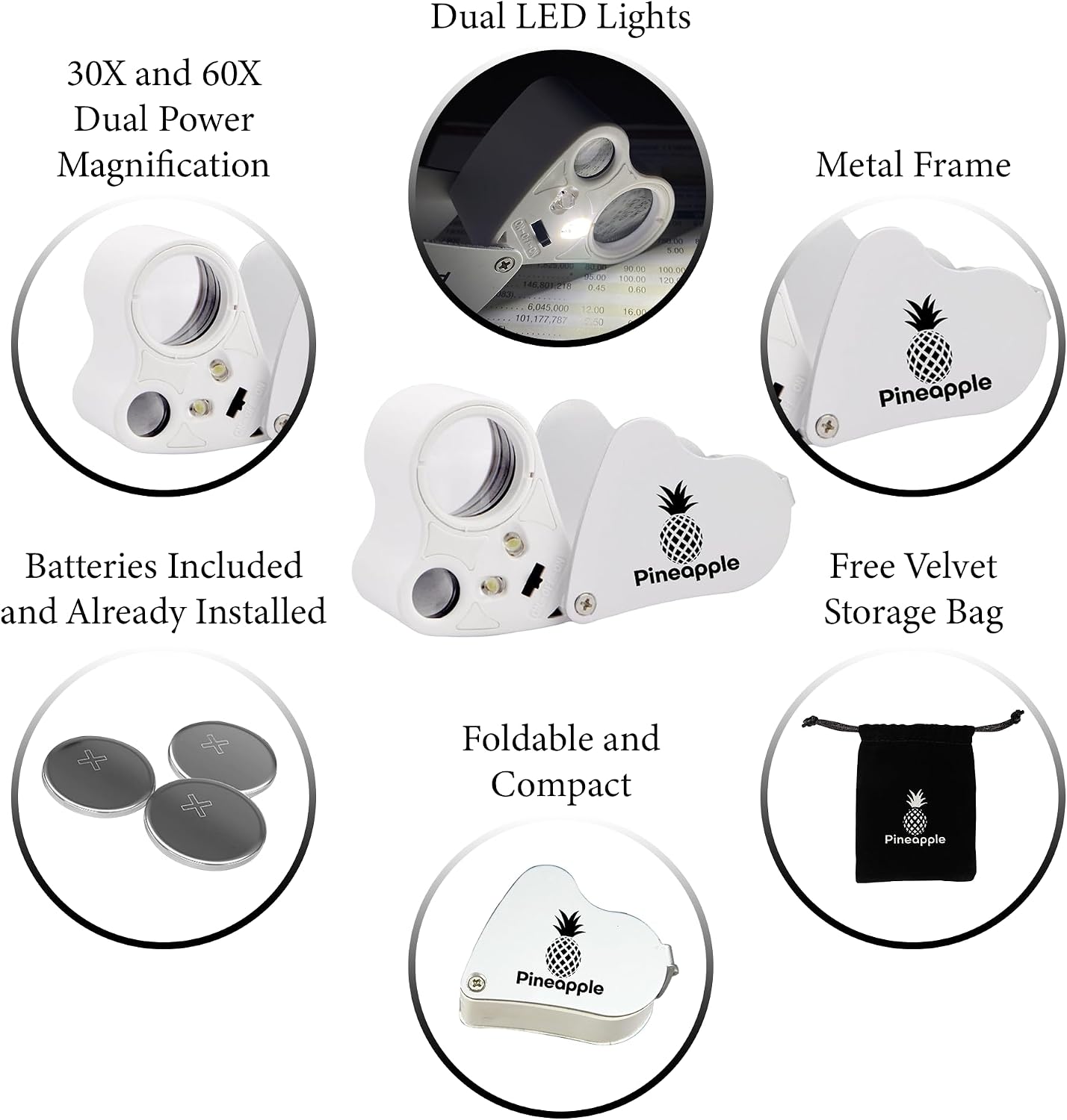 30X 60X Jewelers Loupe Magnifier with Light, Lighted Magnifying Glass Jewelry Loop, Pocket Magnifier for Coins