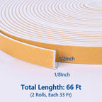 Self Adhesive Foam Tape Weatherstrip 1/2in x 1/8in x 66Ft High Density Foam Insulation Strips Seal Weather Stripping