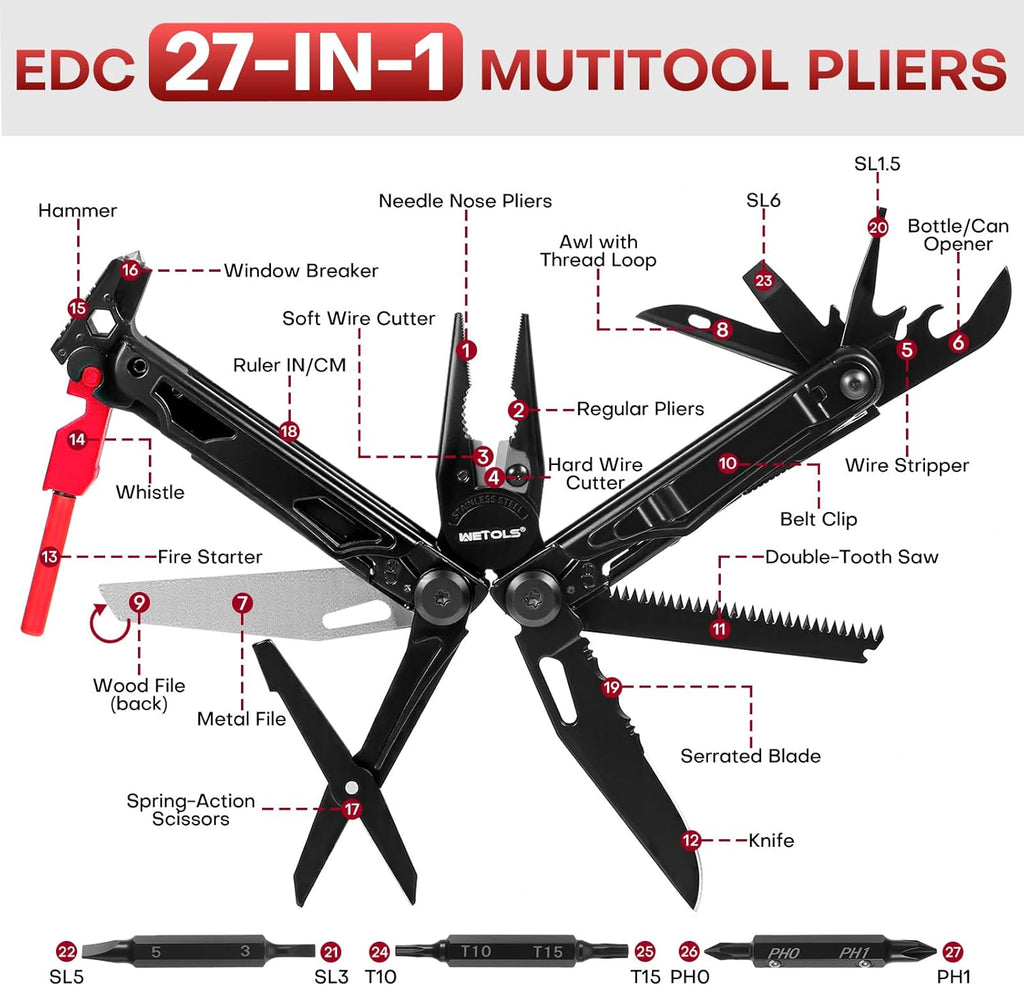 Multitool with Pocket Knife, Stainless Steel Needle Nose Pliers | 27-in-1 Multi Tool with Screwdrivers, Self-locking