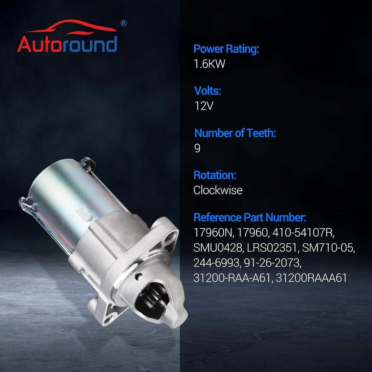 Autoround 17960 Starter Motor Fit for 2006-2011 Honda Civic 2.0L, 2016-2012 Accord 2.4L, 2007-2011 Element CR-V 2.4L, 06-14 Acura TSX 2.4L, OE Replacement # 31200-RAA-A61 31200R40A01 17960N