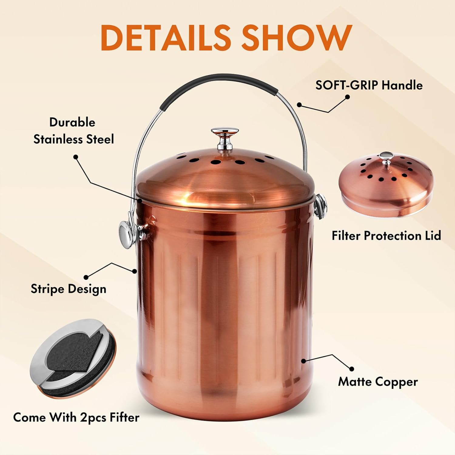 Compost Bin for Kitchen Countertop, 1.3 Gallon Matte Copper Stainless Steel Compost Bucket with Lid, Odorless Food