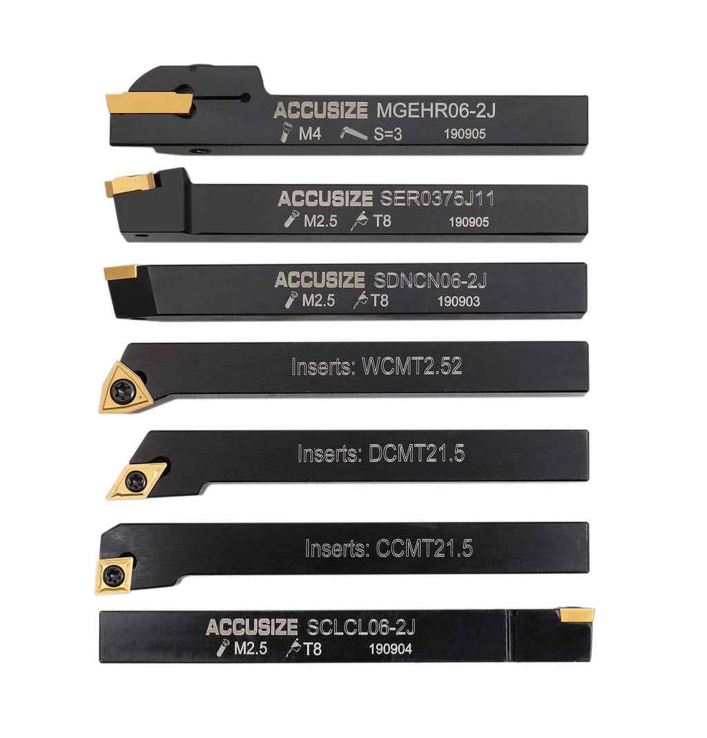 Accusize Industrial Tools 3/8'' Shank 7pc Indexable Carbide Turning Tool Set with TiN‑Coated Inserts, for Cutting Steel, 2387‑2003