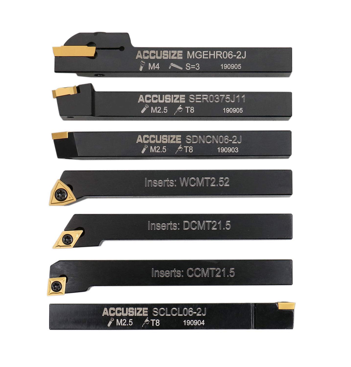 Accusize Industrial Tools 3/8'' Shank 7pc Indexable Carbide Turning Tool Set with TiN‑Coated Inserts, for Cutting Steel, 2387‑2003