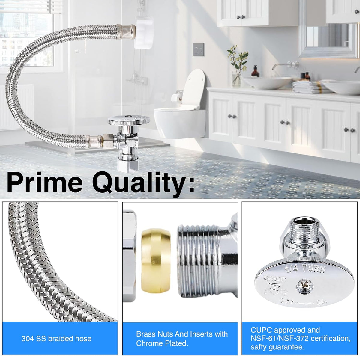 Toilet Hose Water Supply Line Kit - 12" Length 3/8" COMP x 7/8" BC Braided Toilet Connector Hose & Shut Off Toilet