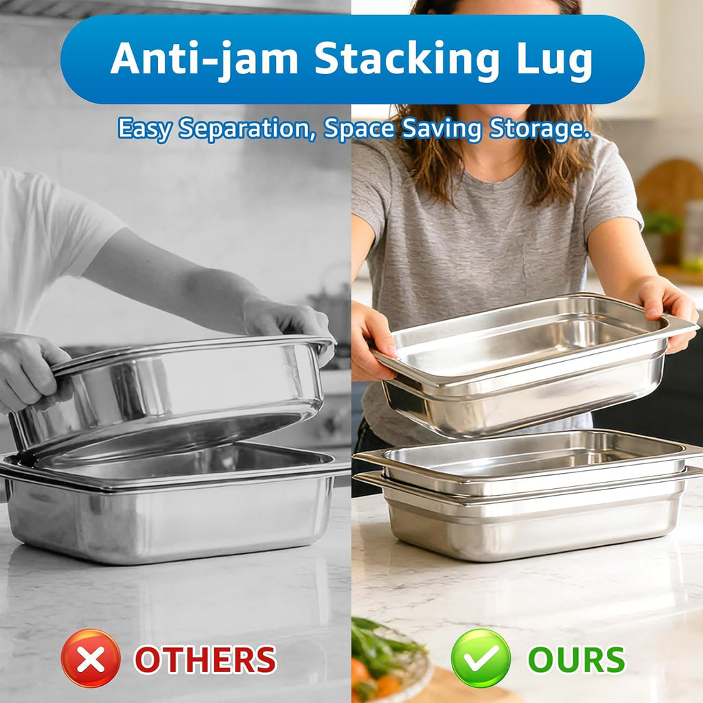 1/6 Size Hotel Pans with Lids | 4" Deep (6 Pack) | Anti-Jam Lug