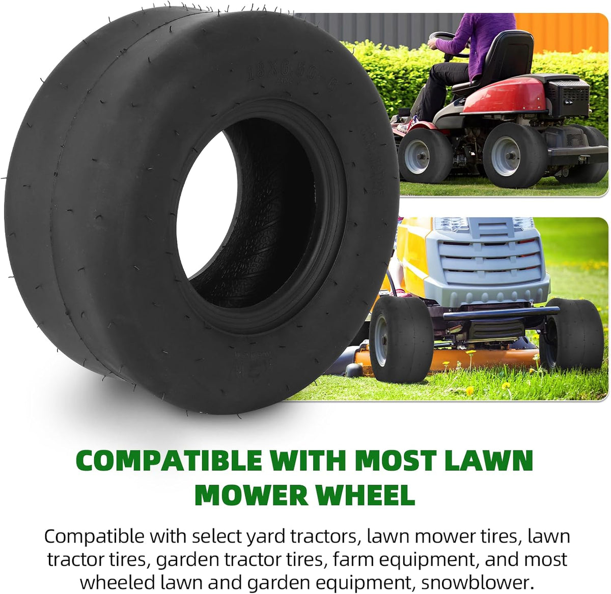 (2-Pack) 13x6.50-6 Lawn Mower Tires, Replacement 13x6.5-6 Smooth Tractor Turf Tire, 4 Ply Lawn Mower Tire Tubeless