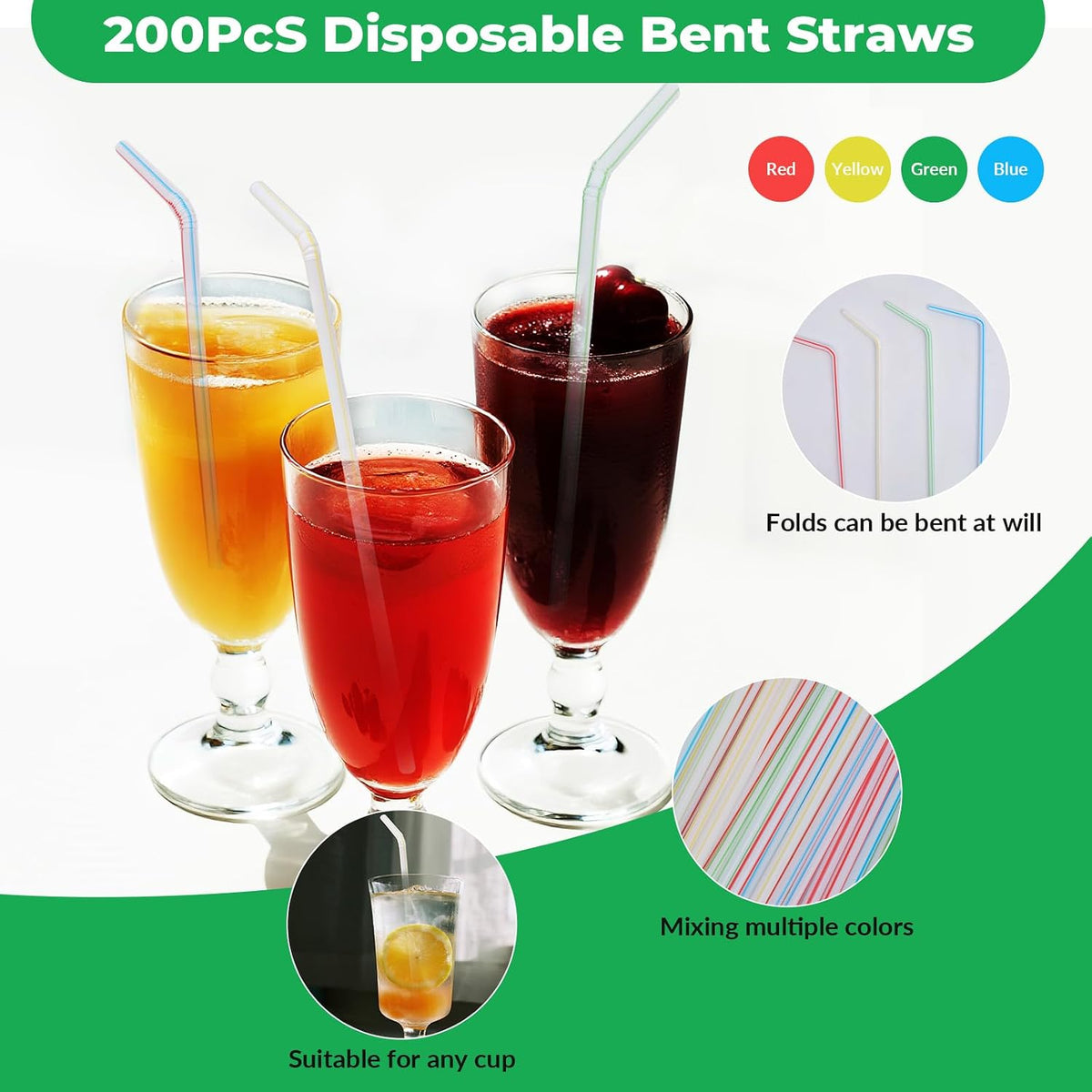 200 Pcs Plastic Straws Disposable -Straws Drinking Plastic -Bendy Straws -Flexible Bendable Drinking Straws