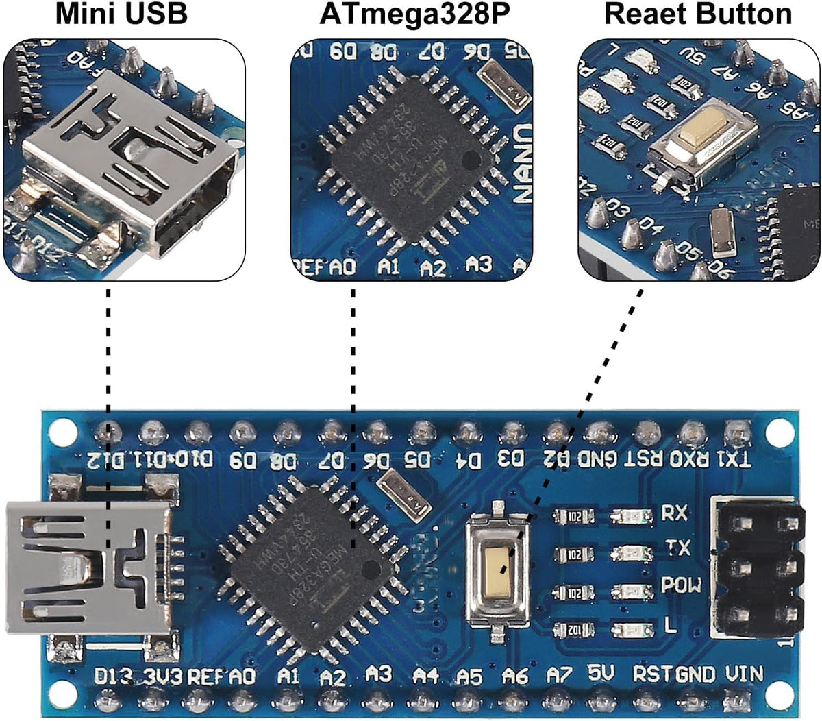 1 Set Mini for Nano V3.0 ATmega328P Micro Controller Board Module with USB Cable and for Nano V3.0 Expansion IO Shield Board Expansion Board for Arduino