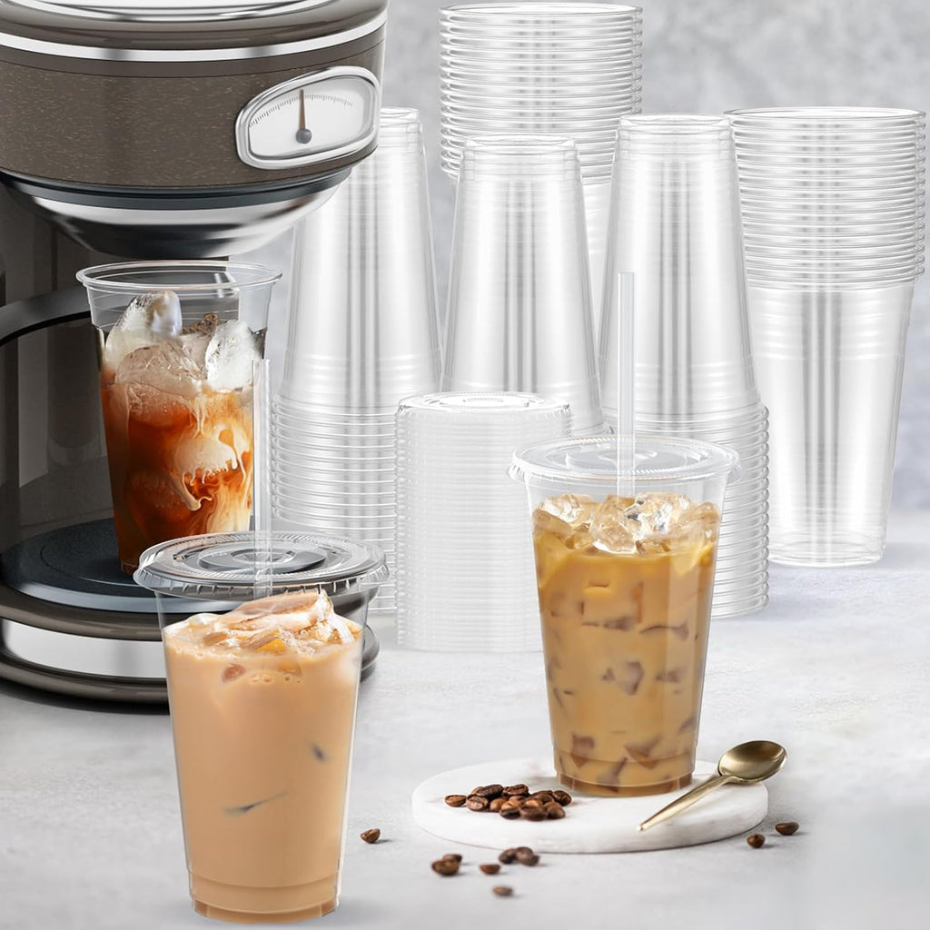 100 Pack - 20 oz Clear Plastic Cups with Lids and Straws
