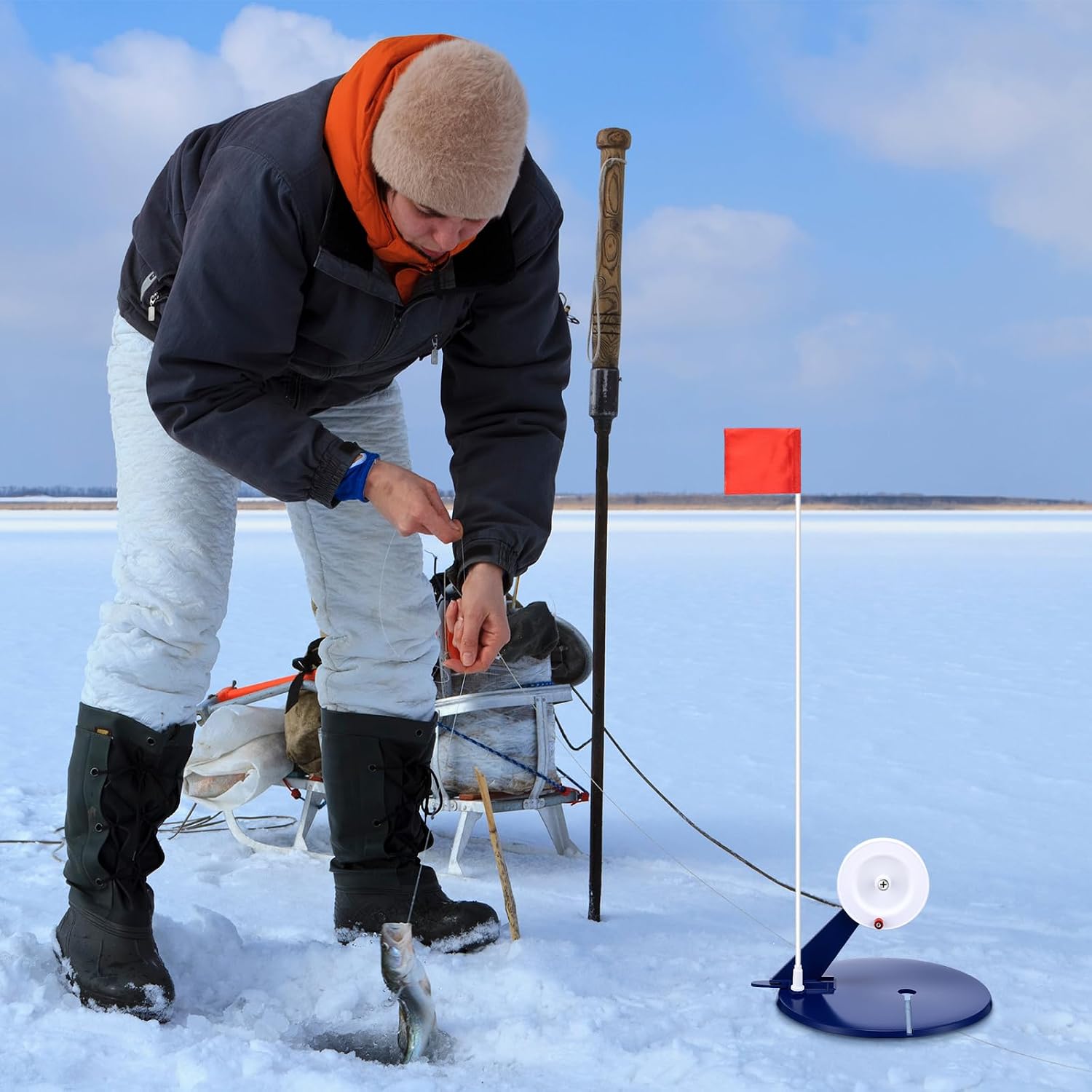 2 Packs Ice Fishing Tip-ups Flag Marker Rod with Portable Pole Flags for Tip-up Anglers Accessory Ice Fishing