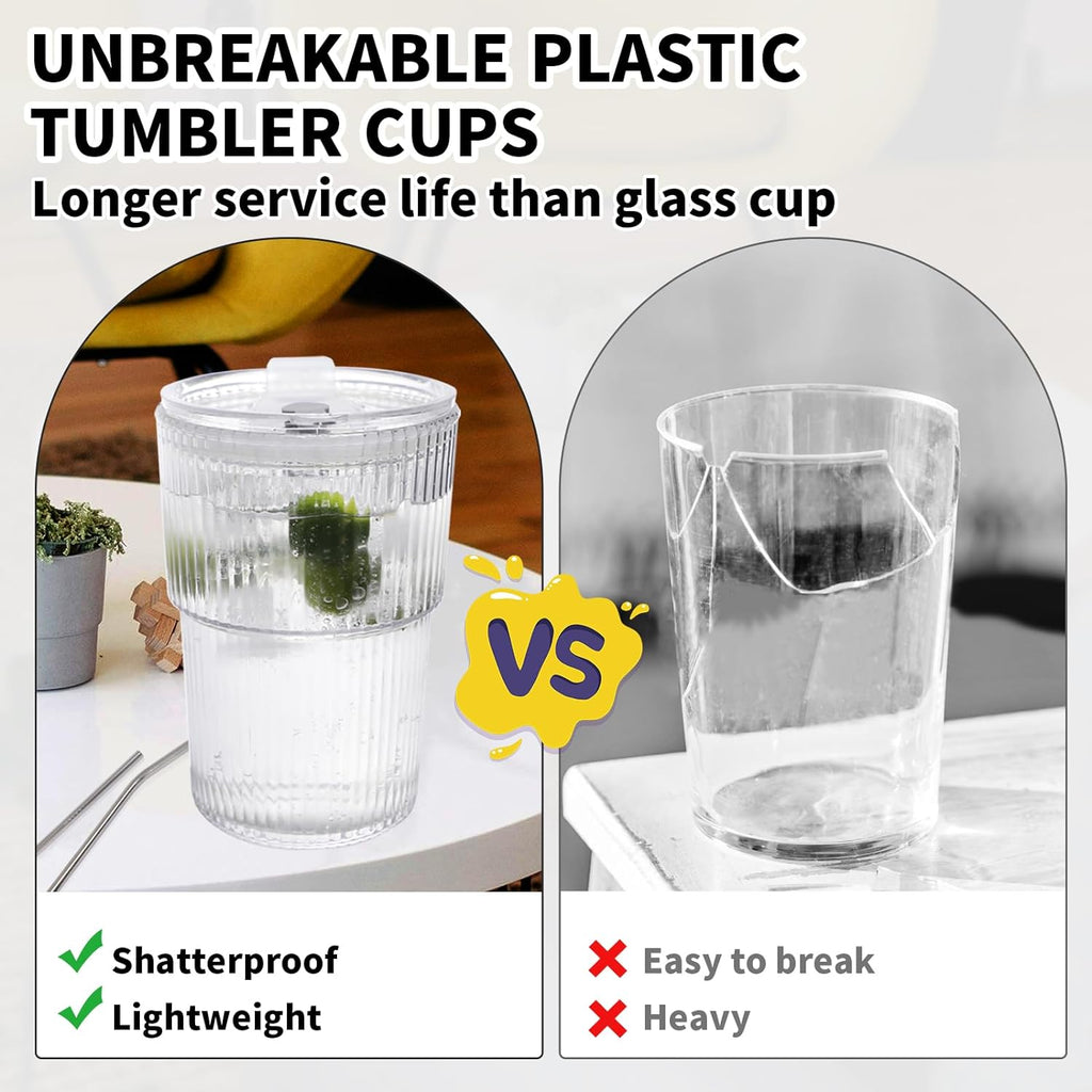 16 OZ Iced Coffee Cups with Lids and Straws Set of 4, Unbreakable Plastic Drinking Glasses Reusable Iced Coffee Glass