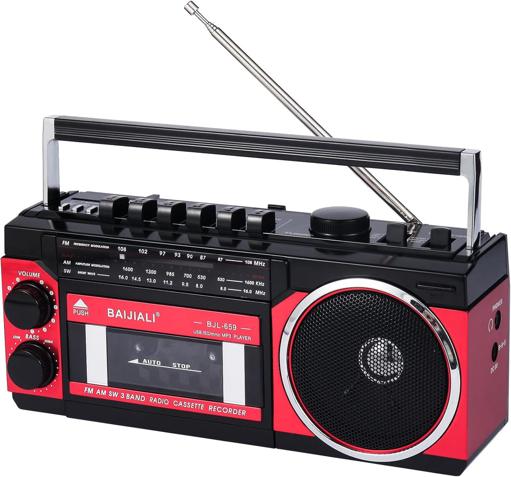 Portable Cassette Player with AM/FM/SW Radio & BT | Boombox for Home and Travel, Record from Radio, Play via SD/USB