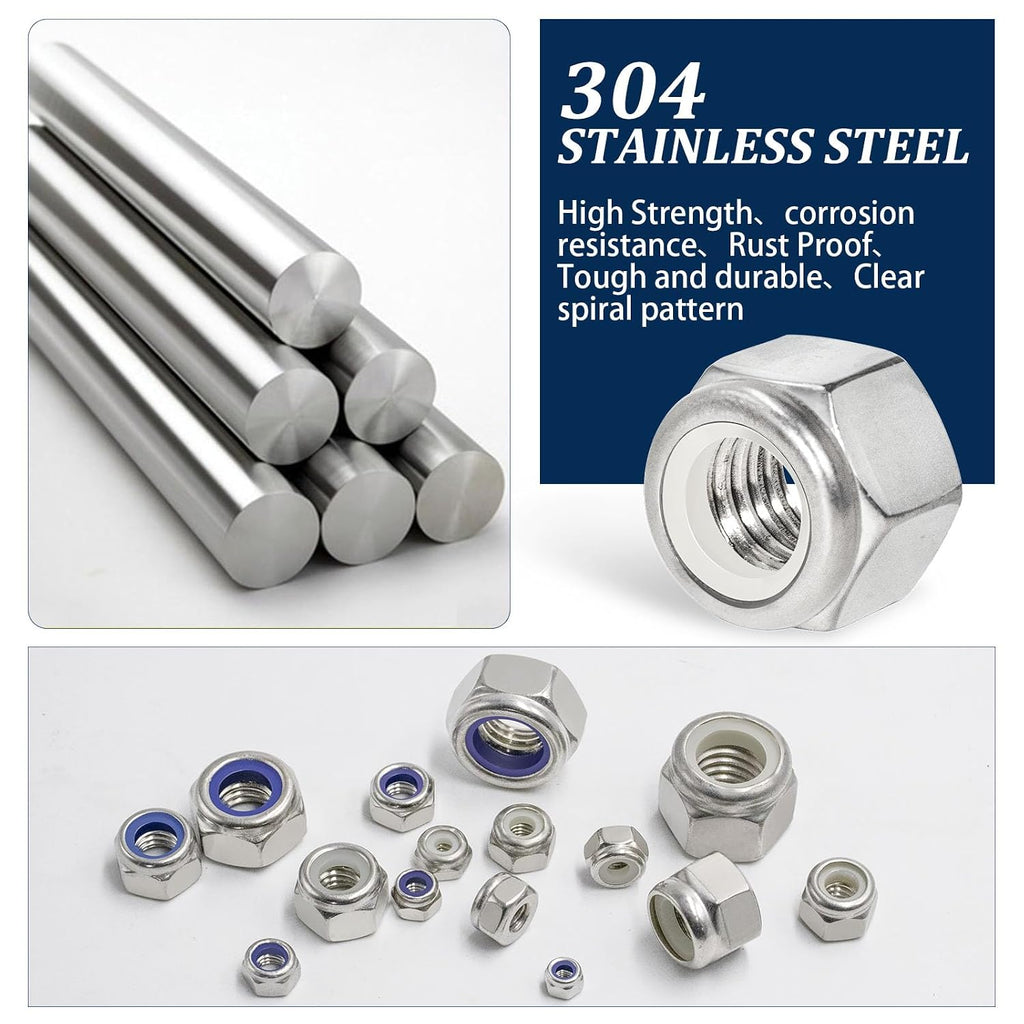 SAE & Metric Nylon Lock Nut Assortment Kit 348Pcs Stainless Steel