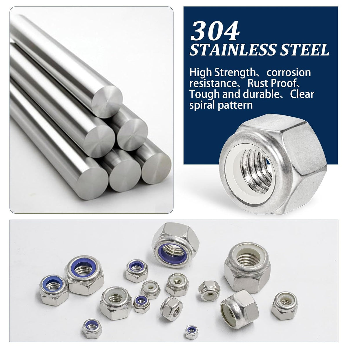 SAE & Metric Nylon Lock Nut Assortment Kit 348Pcs Stainless Steel