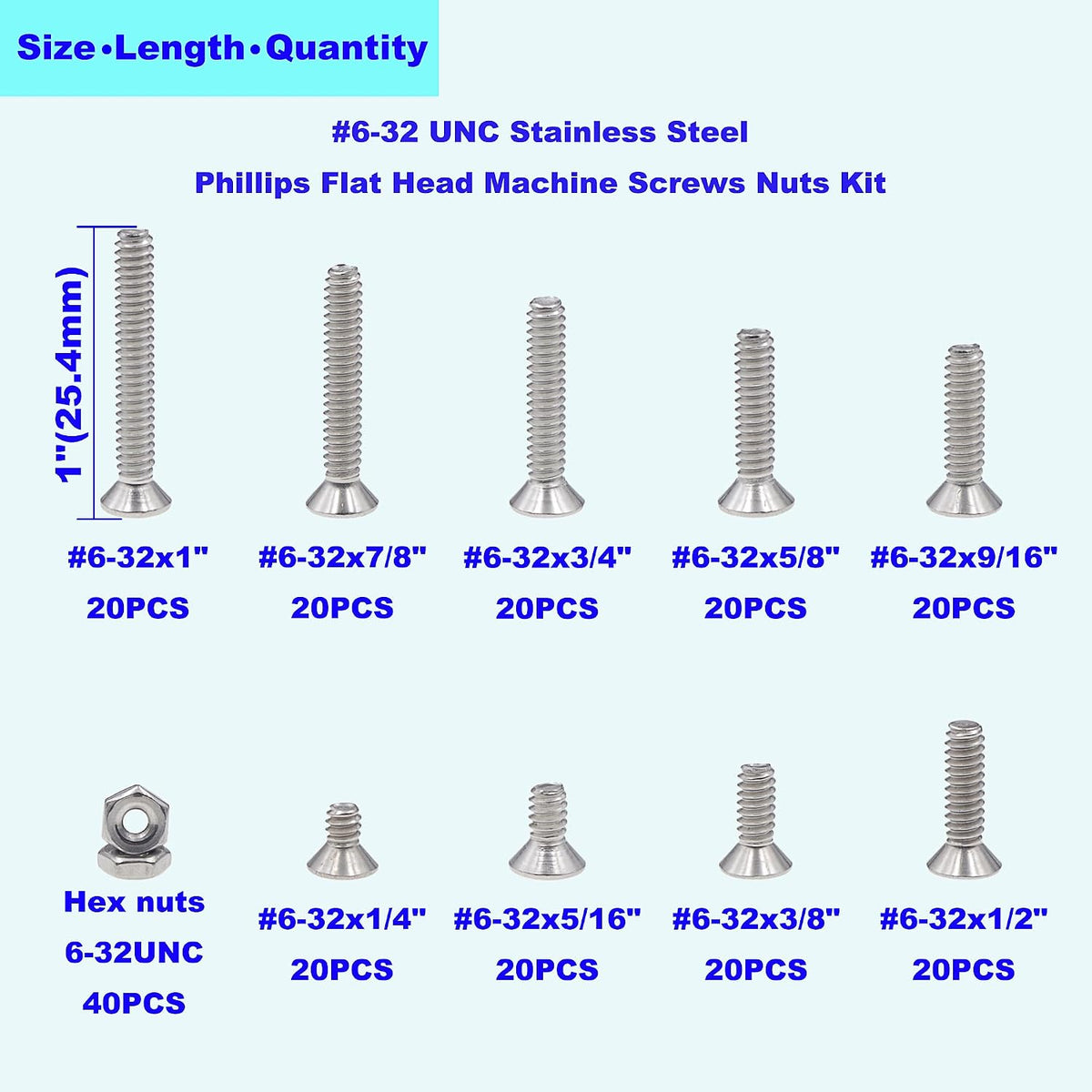#6-32 UNC Stainless Steel Phillips Flat Head Machine Screws Nuts Kit