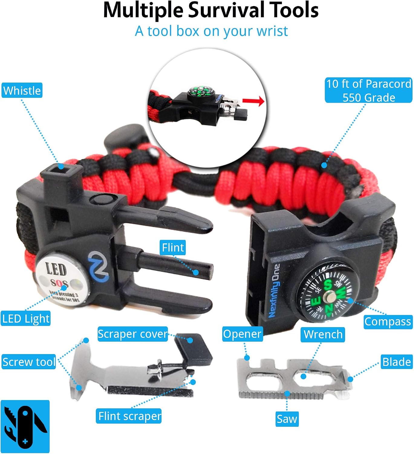 Survival Paracord Bracelet Set of 2 - SOS LED Light, Fire Starter, Compass, Whistle & Multitools - 550 Grade