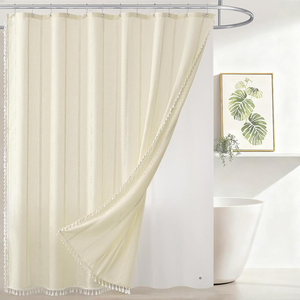 Linen Texture 3 in 1 Farmhouse Shower Curtain Set with Tassel, Boho Fabric Shower Curtains for Bathroom, Cream, 72W x