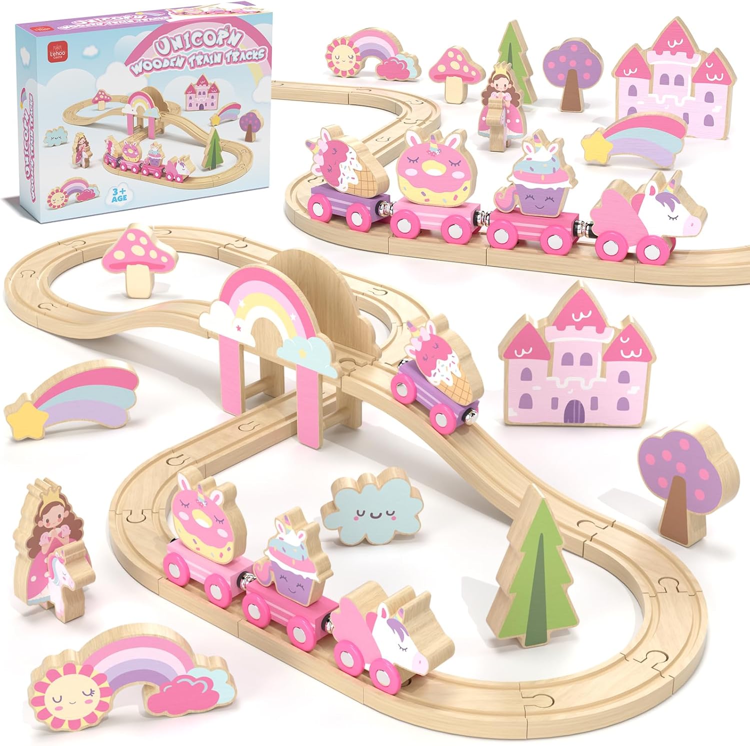 Wooden Train Set for Girls, Pink Unicorn Train Set | Princess and Castle Pieces for Imaginative Play, Compatible with