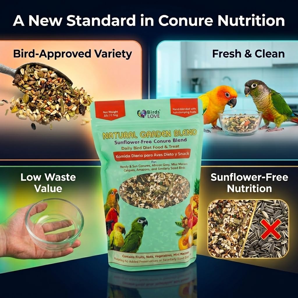Natural Garden Blend Conure Food, Sunflower Free Bird Seed Mix with Fruits, Nuts, Vegetables and Seeds, All Natural