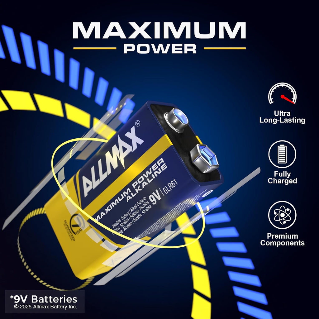 Allmax 9V Maximum Power Alkaline Batteries (48 Count) – 9 Volt | 7-Year Shelf Life • Leakproof Design • Ultra