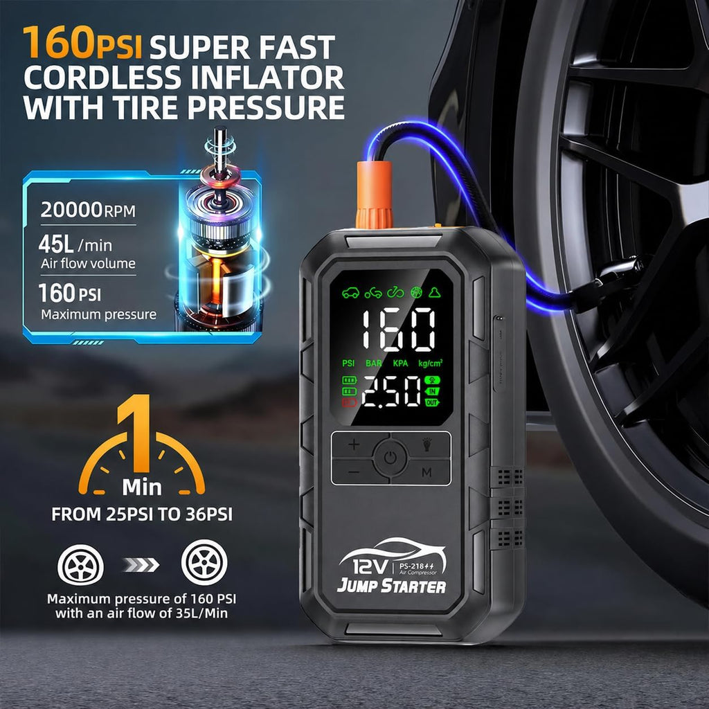 10-in-1 Car Battery Jump Starter with Air Compressor 8000A 160PSI Portable Car Jumper Starter (All Gas 12L Diesel)